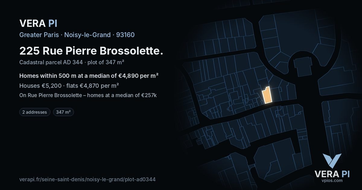 225 Rue Pierre Brossolette, Noisy-le-Grand at night – the plot lit, the parcels around coloured by the prices near them
