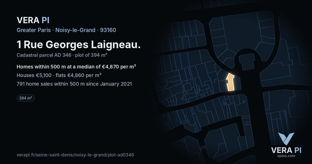 1 Rue Georges Laigneau, Noisy-le-Grand at night – the plot lit, the parcels around coloured by the prices near them
