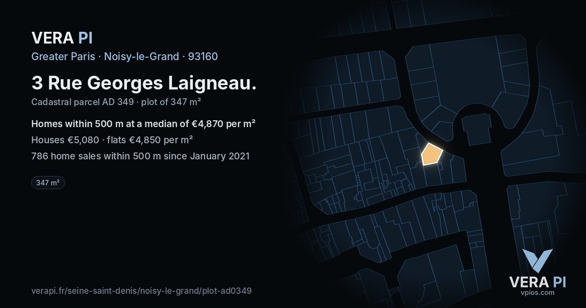 3 Rue Georges Laigneau, Noisy-le-Grand at night – the plot lit, the parcels around coloured by the prices near them