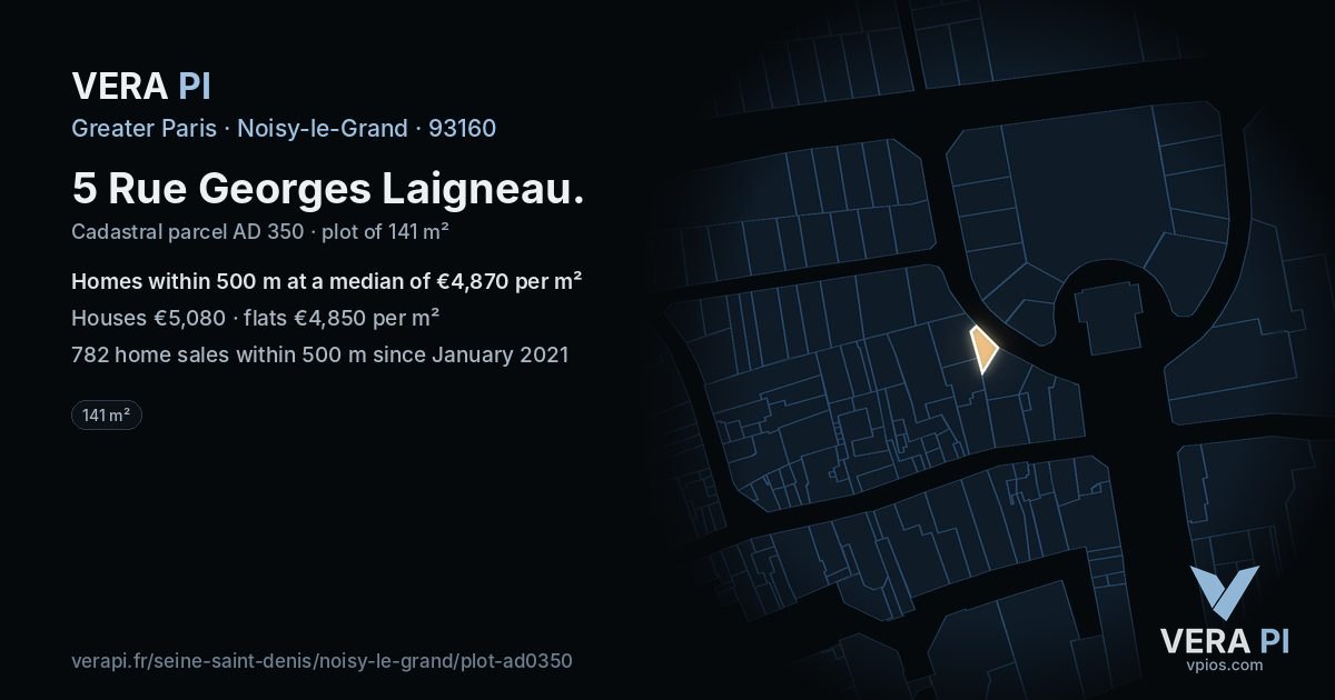 5 Rue Georges Laigneau, Noisy-le-Grand at night – the plot lit, the parcels around coloured by the prices near them