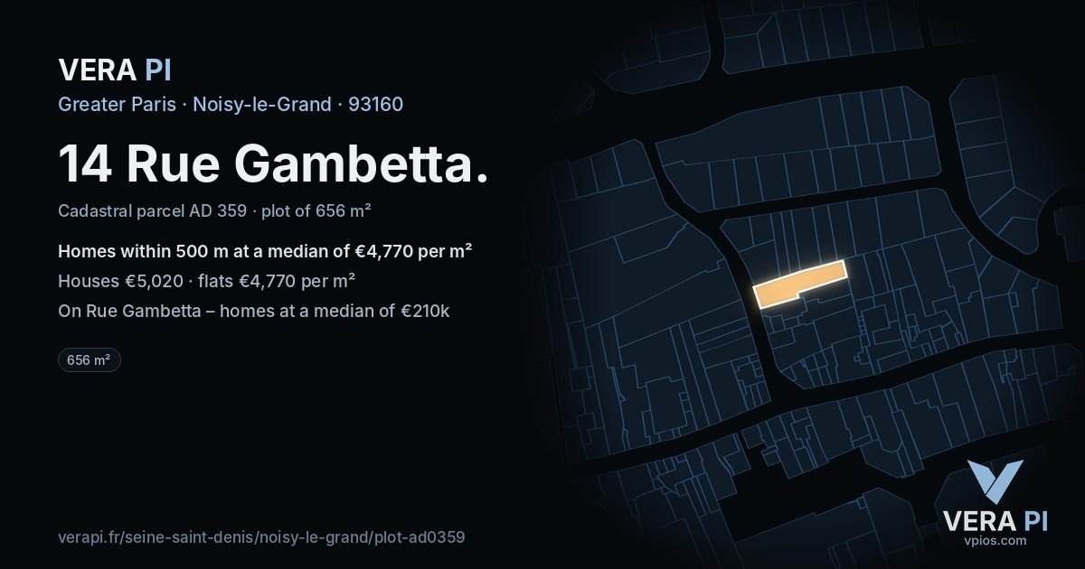 14 Rue Gambetta, Noisy-le-Grand at night – the plot lit, the parcels around coloured by the prices near them