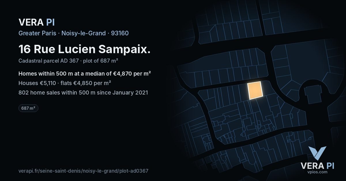 16 Rue Lucien Sampaix, Noisy-le-Grand at night – the plot lit, the parcels around coloured by the prices near them