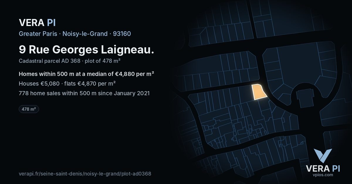 9 Rue Georges Laigneau, Noisy-le-Grand at night – the plot lit, the parcels around coloured by the prices near them