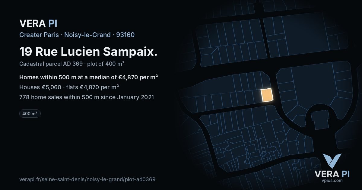 19 Rue Lucien Sampaix, Noisy-le-Grand at night – the plot lit, the parcels around coloured by the prices near them