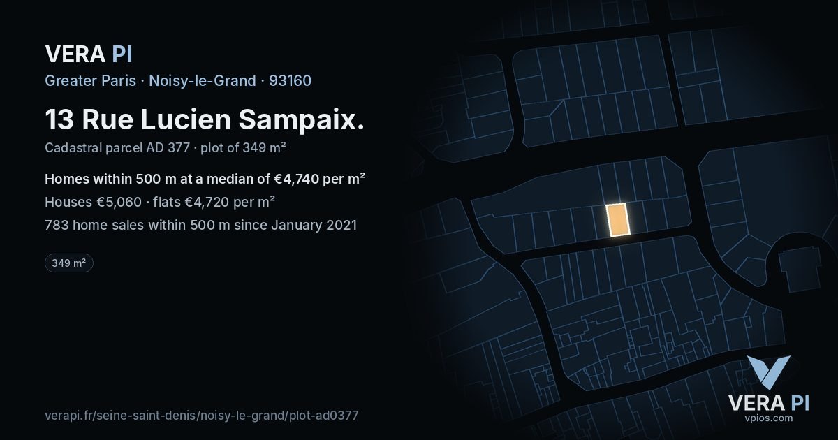 13 Rue Lucien Sampaix, Noisy-le-Grand at night – the plot lit, the parcels around coloured by the prices near them