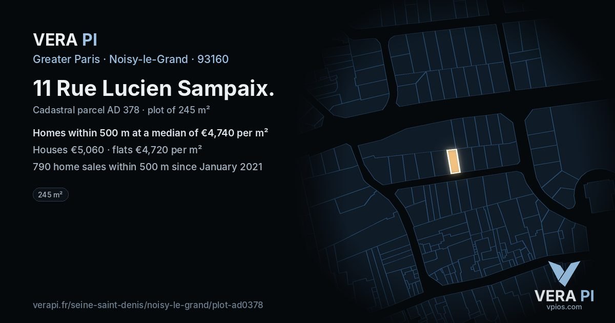 11 Rue Lucien Sampaix, Noisy-le-Grand at night – the plot lit, the parcels around coloured by the prices near them