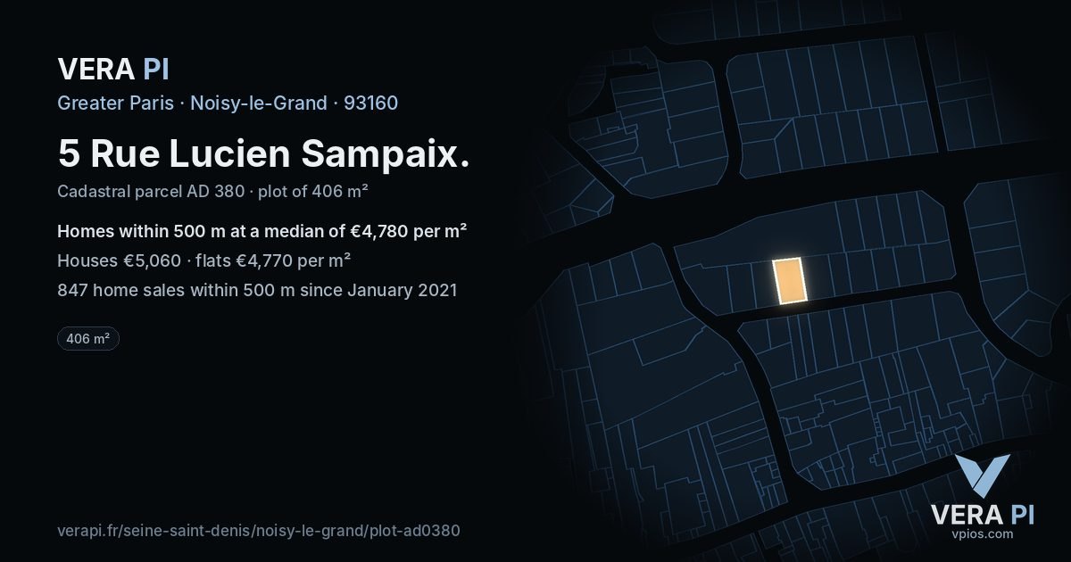 5 Rue Lucien Sampaix, Noisy-le-Grand at night – the plot lit, the parcels around coloured by the prices near them