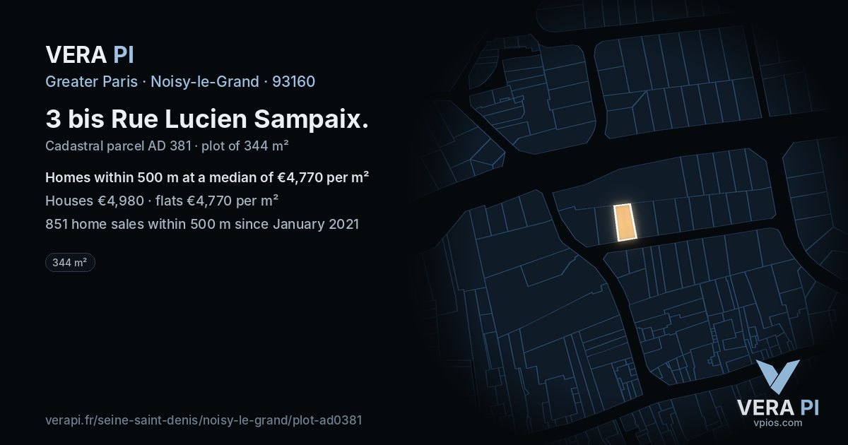 3 bis Rue Lucien Sampaix, Noisy-le-Grand at night – the plot lit, the parcels around coloured by the prices near them