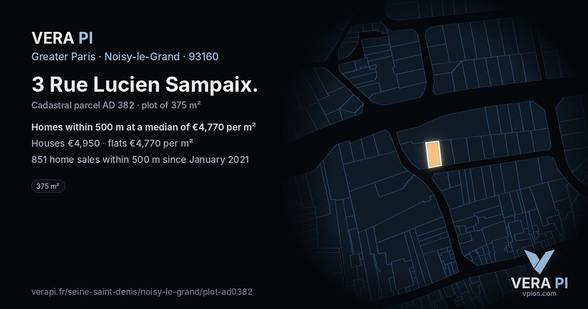 3 Rue Lucien Sampaix, Noisy-le-Grand at night – the plot lit, the parcels around coloured by the prices near them