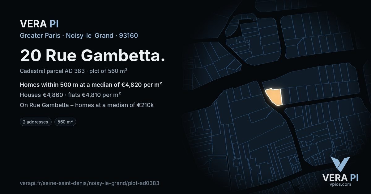 20 Rue Gambetta, Noisy-le-Grand at night – the plot lit, the parcels around coloured by the prices near them