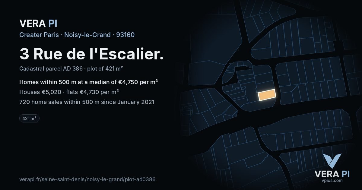 3 Rue de l'Escalier, Noisy-le-Grand at night – the plot lit, the parcels around coloured by the prices near them
