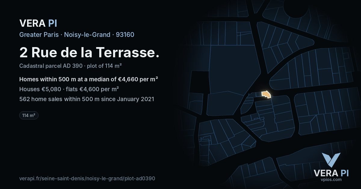 2 Rue de la Terrasse, Noisy-le-Grand at night – the plot lit, the parcels around coloured by the prices near them