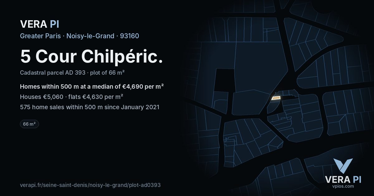 5 Cour Chilpéric, Noisy-le-Grand at night – the plot lit, the parcels around coloured by the prices near them