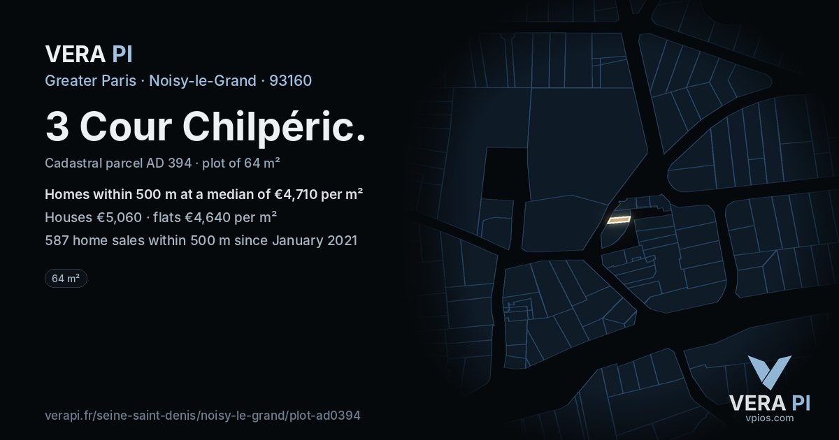 3 Cour Chilpéric, Noisy-le-Grand at night – the plot lit, the parcels around coloured by the prices near them