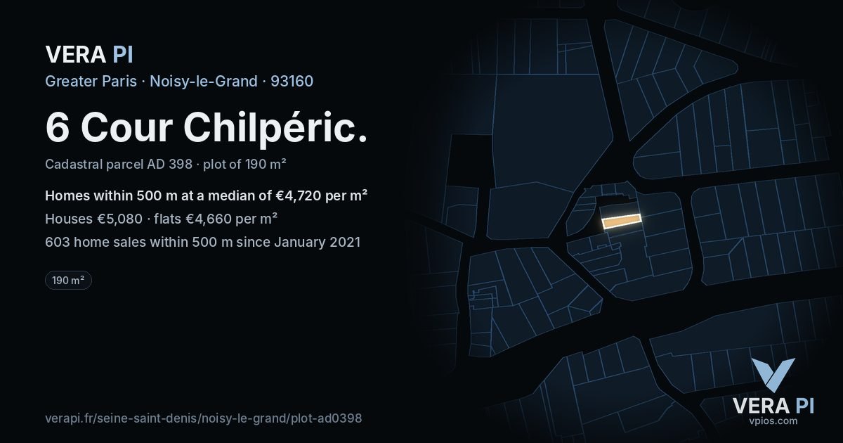 6 Cour Chilpéric, Noisy-le-Grand at night – the plot lit, the parcels around coloured by the prices near them