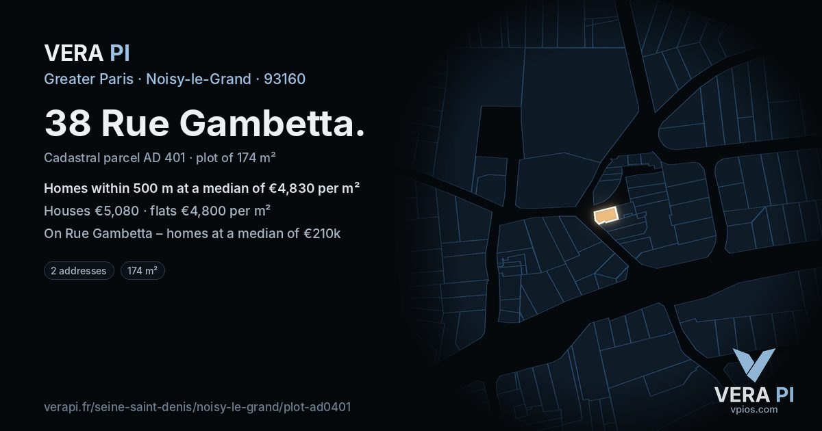 38 Rue Gambetta, Noisy-le-Grand at night – the plot lit, the parcels around coloured by the prices near them