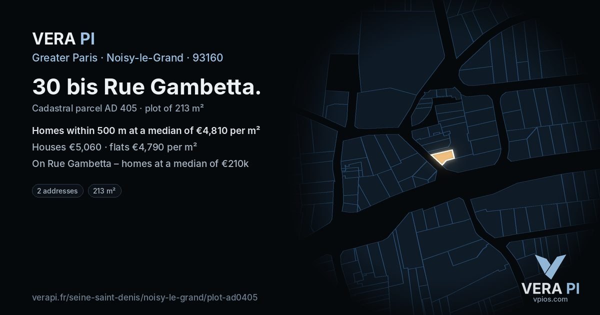 30 bis Rue Gambetta, Noisy-le-Grand at night – the plot lit, the parcels around coloured by the prices near them