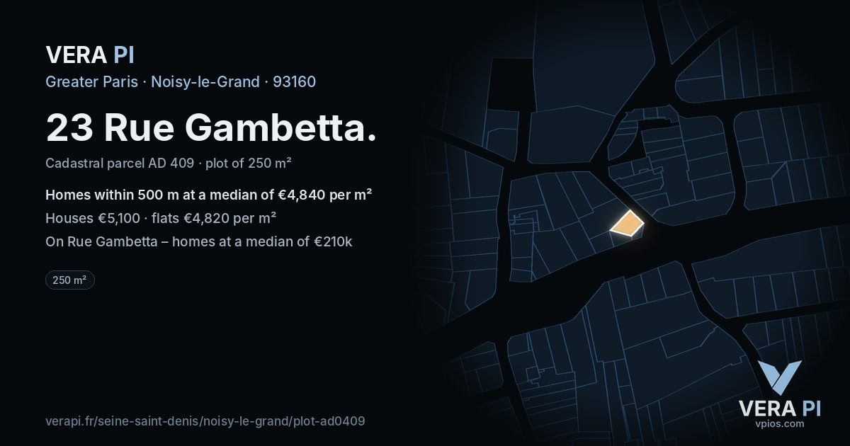 23 Rue Gambetta, Noisy-le-Grand at night – the plot lit, the parcels around coloured by the prices near them
