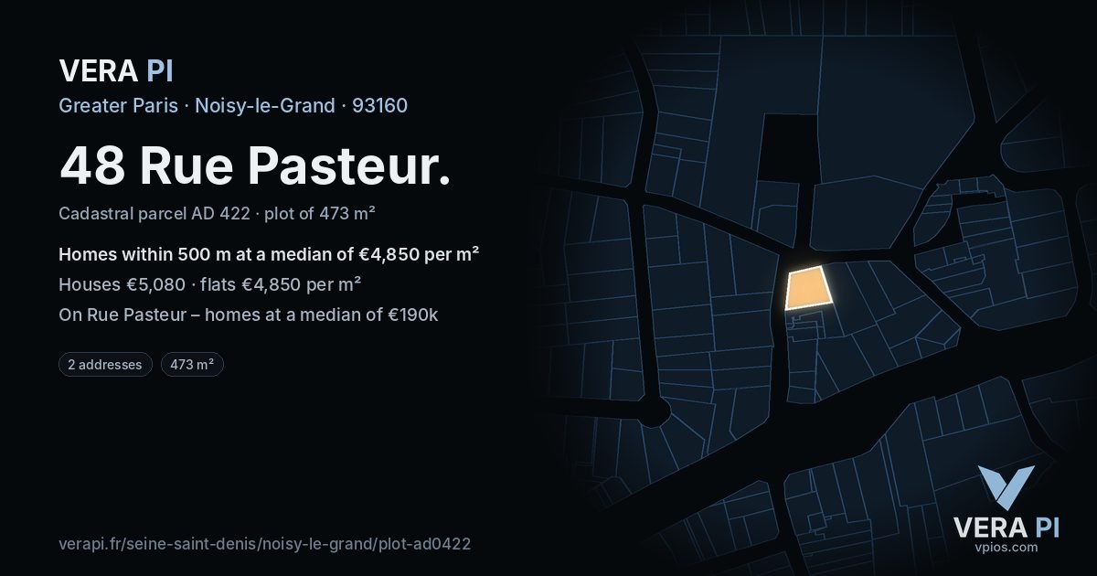 48 Rue Pasteur, Noisy-le-Grand at night – the plot lit, the parcels around coloured by the prices near them