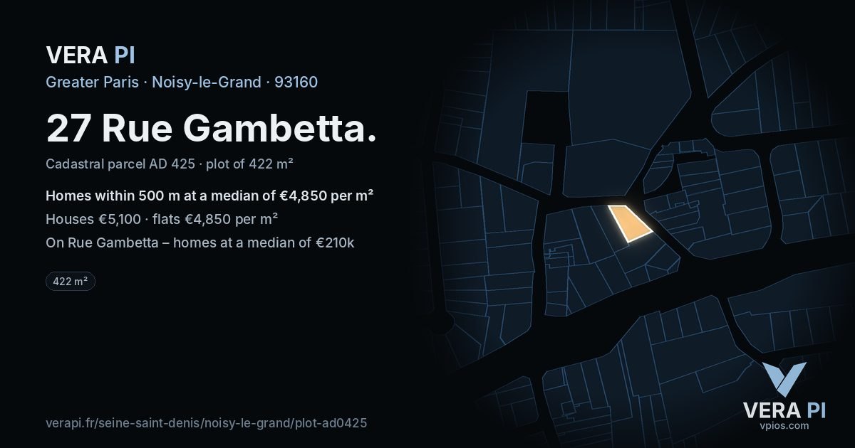 27 Rue Gambetta, Noisy-le-Grand at night – the plot lit, the parcels around coloured by the prices near them