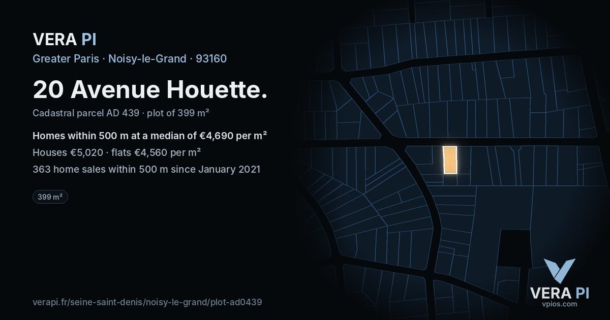 20 Avenue Houette, Noisy-le-Grand at night – the plot lit, the parcels around coloured by the prices near them