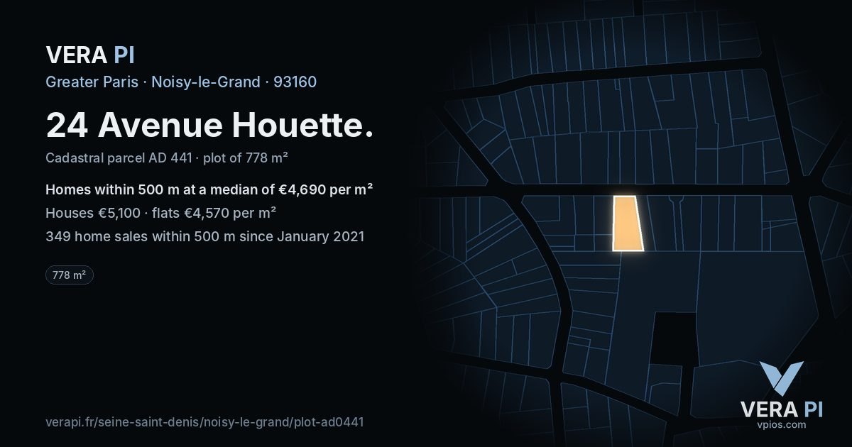 24 Avenue Houette, Noisy-le-Grand at night – the plot lit, the parcels around coloured by the prices near them