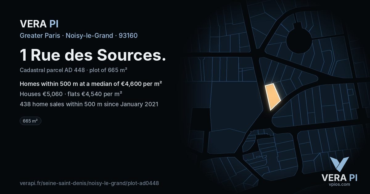1 Rue des Sources, Noisy-le-Grand at night – the plot lit, the parcels around coloured by the prices near them