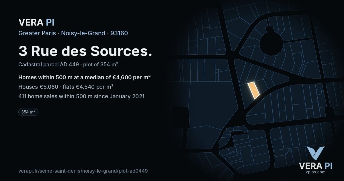 3 Rue des Sources, Noisy-le-Grand at night – the plot lit, the parcels around coloured by the prices near them