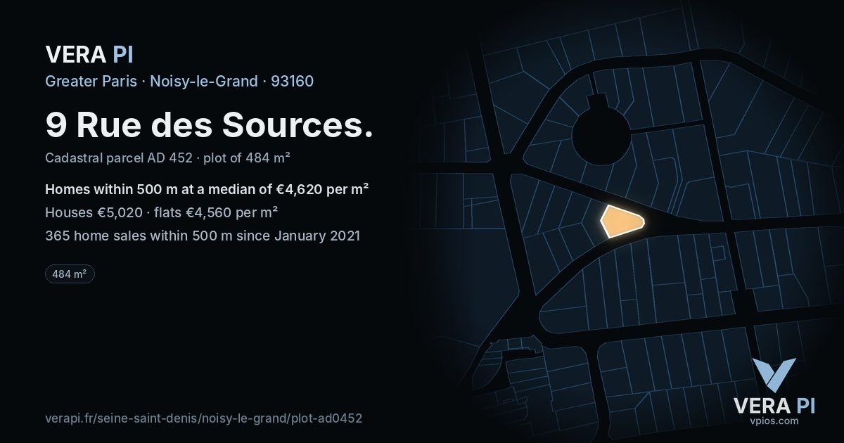 9 Rue des Sources, Noisy-le-Grand at night – the plot lit, the parcels around coloured by the prices near them