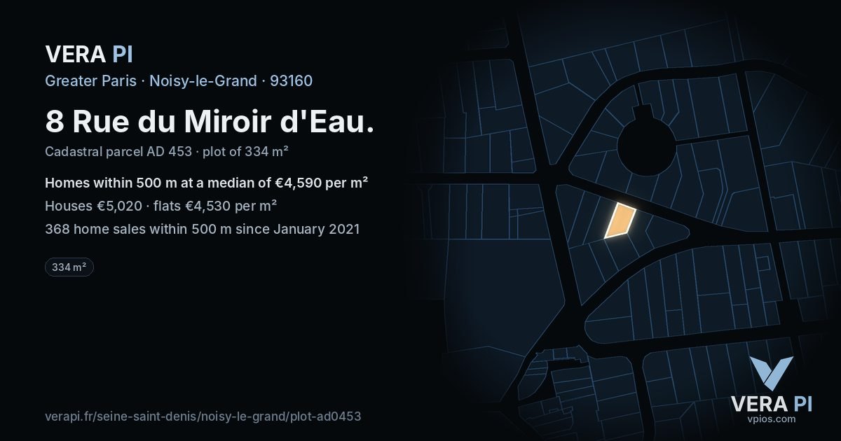 8 Rue du Miroir d'Eau, Noisy-le-Grand at night – the plot lit, the parcels around coloured by the prices near them