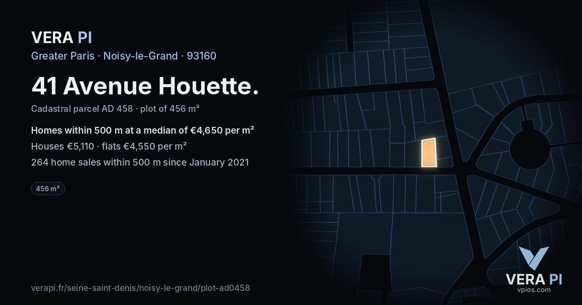 41 Avenue Houette, Noisy-le-Grand at night – the plot lit, the parcels around coloured by the prices near them