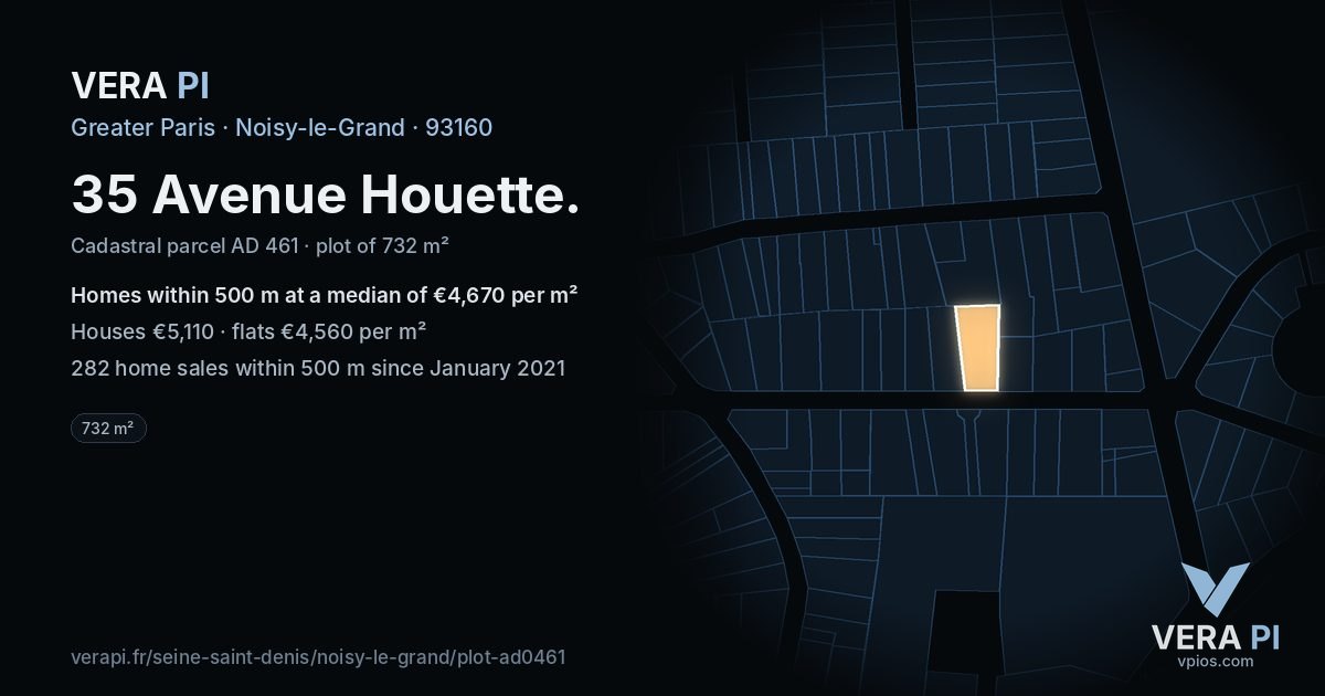 35 Avenue Houette, Noisy-le-Grand at night – the plot lit, the parcels around coloured by the prices near them
