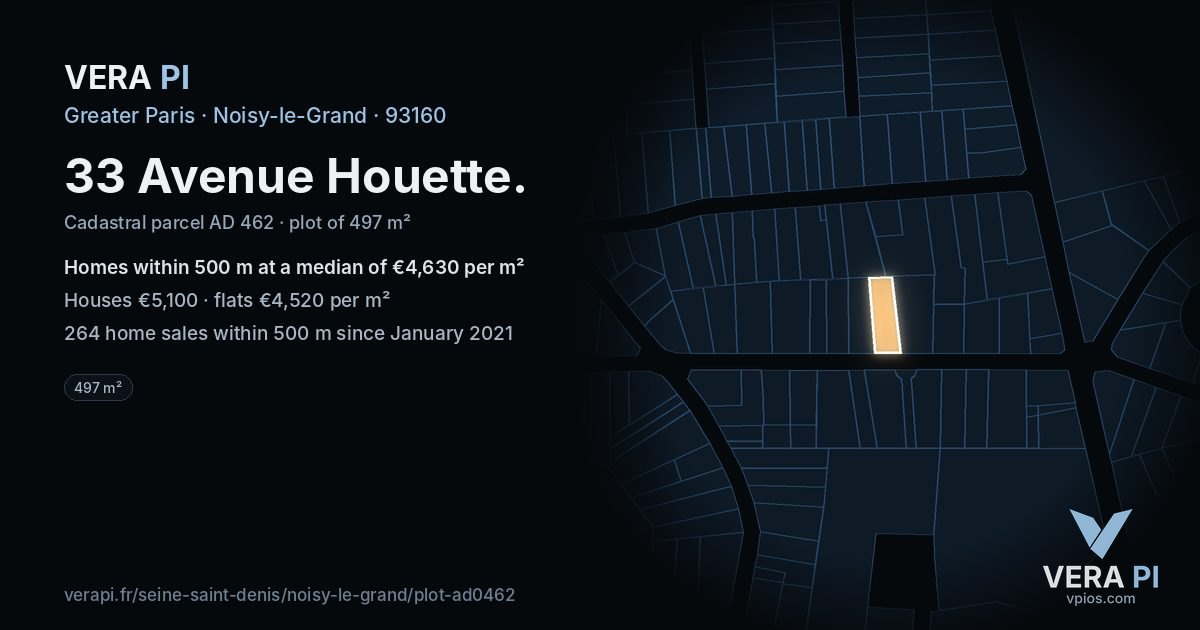 33 Avenue Houette, Noisy-le-Grand at night – the plot lit, the parcels around coloured by the prices near them