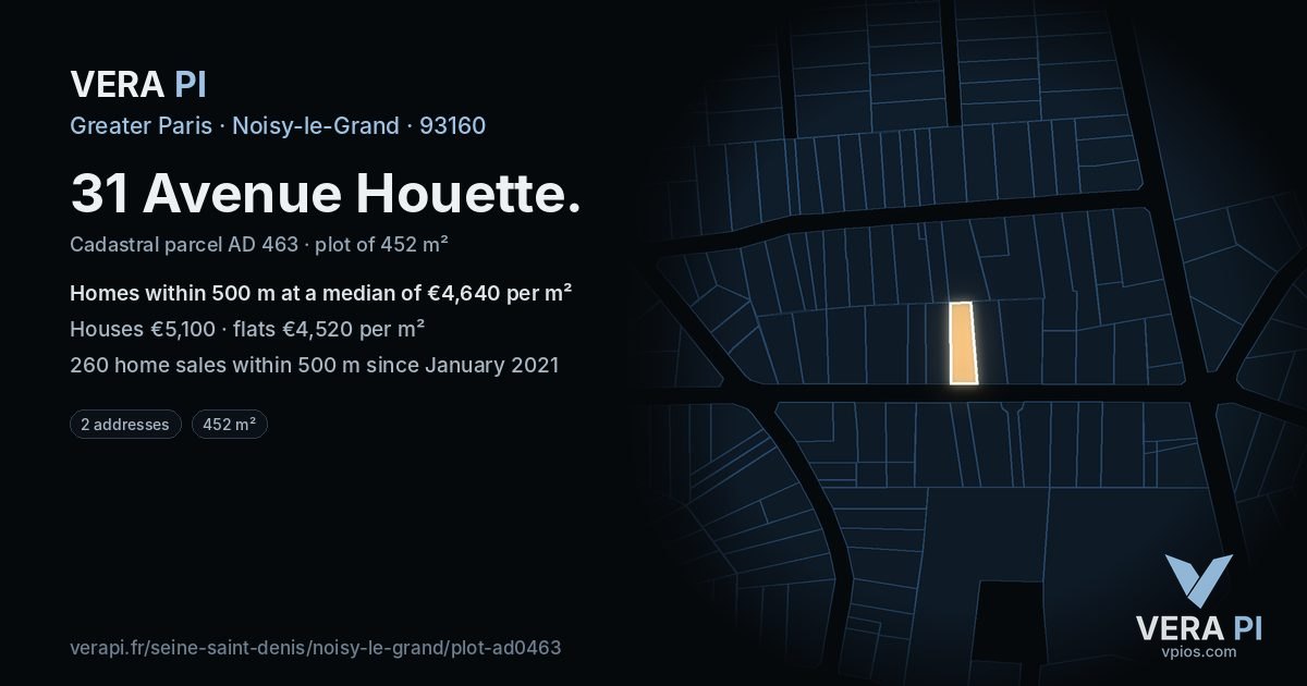 31 Avenue Houette, Noisy-le-Grand at night – the plot lit, the parcels around coloured by the prices near them