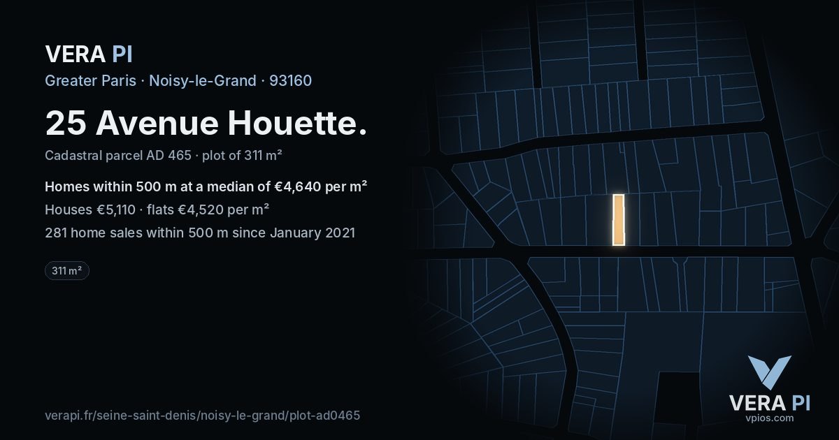 25 Avenue Houette, Noisy-le-Grand at night – the plot lit, the parcels around coloured by the prices near them