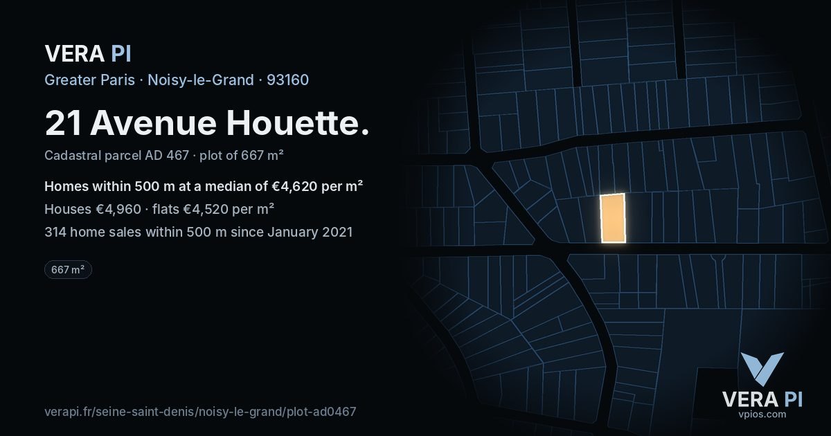 21 Avenue Houette, Noisy-le-Grand at night – the plot lit, the parcels around coloured by the prices near them