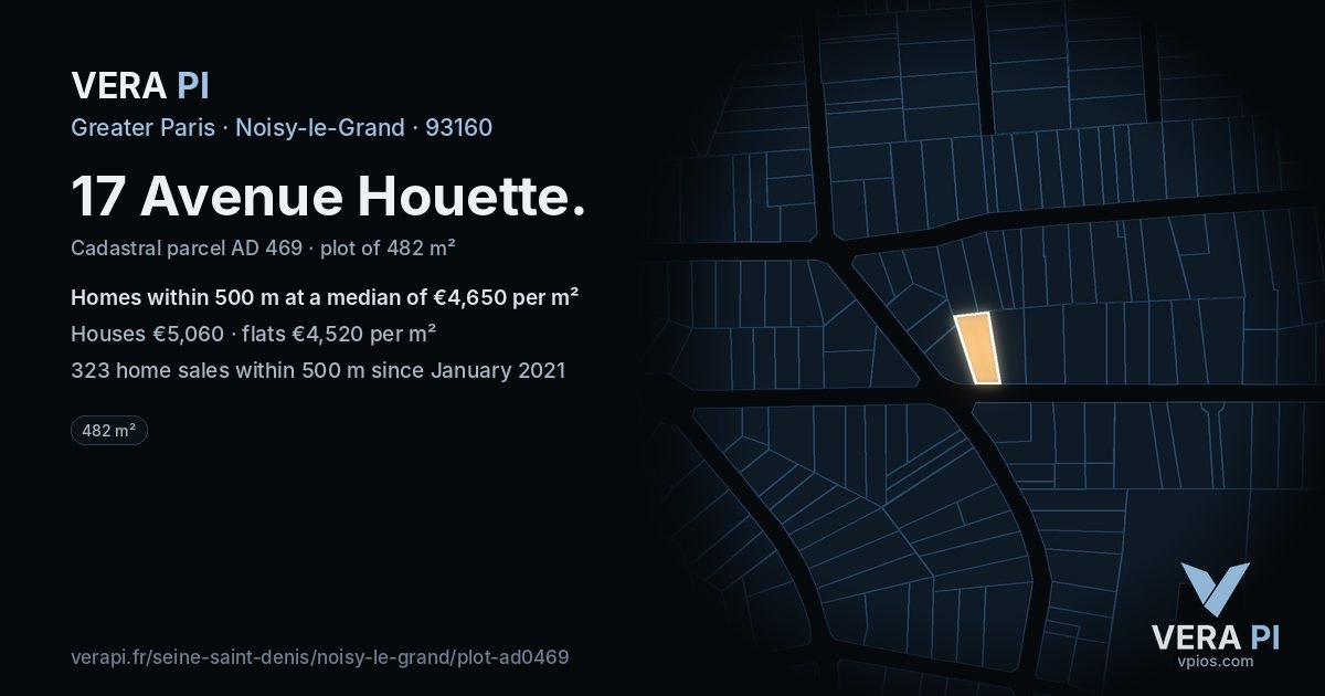 17 Avenue Houette, Noisy-le-Grand at night – the plot lit, the parcels around coloured by the prices near them