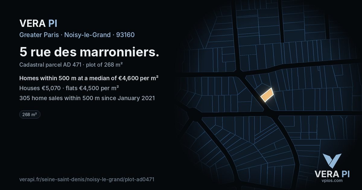 5 rue des marronniers, Noisy-le-Grand at night – the plot lit, the parcels around coloured by the prices near them