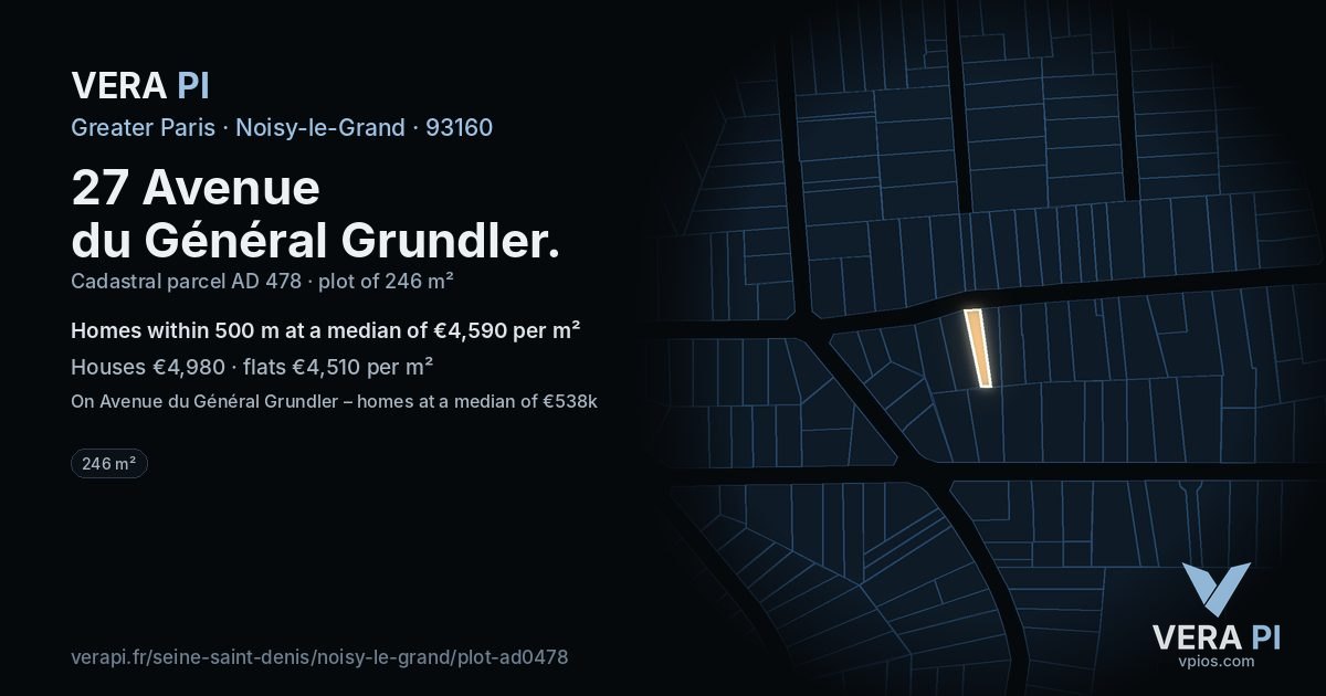 27 Avenue du Général Grundler, Noisy-le-Grand at night – the plot lit, the parcels around coloured by the prices near them