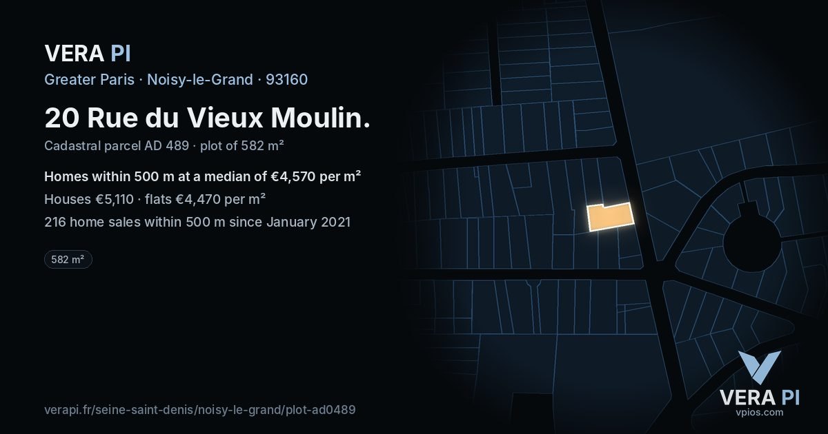 20 Rue du Vieux Moulin, Noisy-le-Grand at night – the plot lit, the parcels around coloured by the prices near them