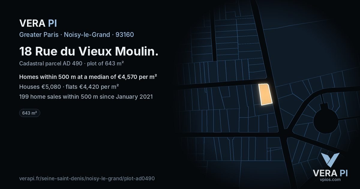 18 Rue du Vieux Moulin, Noisy-le-Grand at night – the plot lit, the parcels around coloured by the prices near them