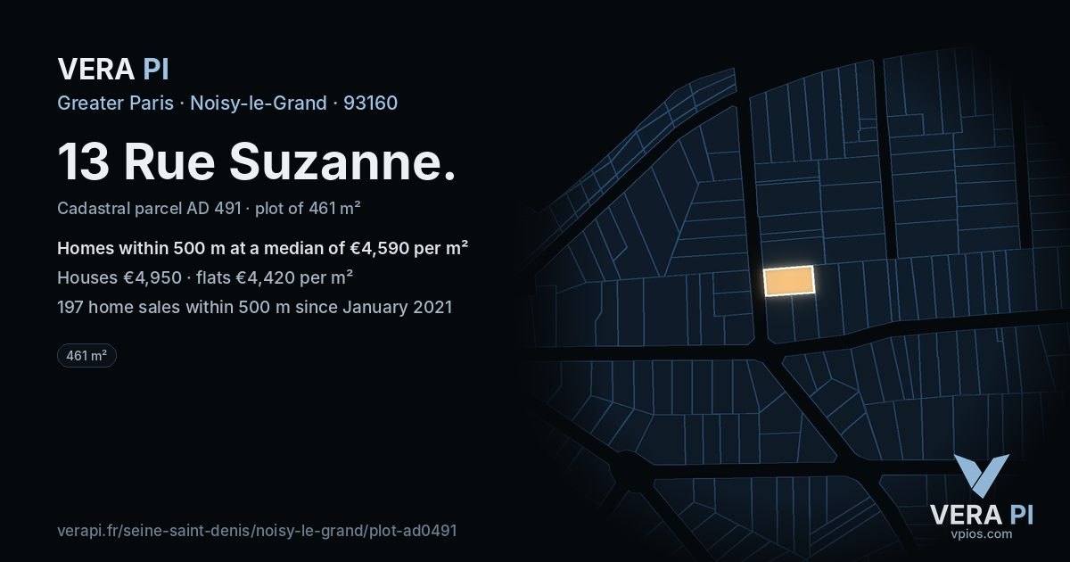 13 Rue Suzanne, Noisy-le-Grand at night – the plot lit, the parcels around coloured by the prices near them