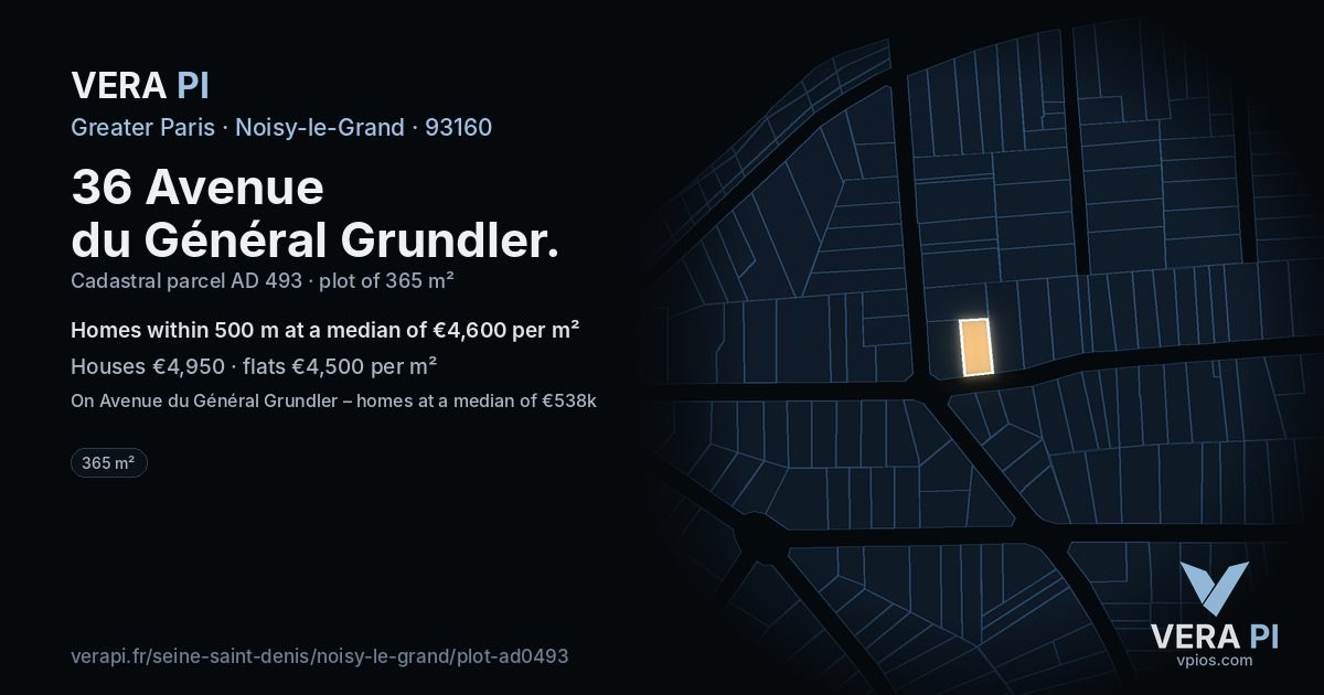 36 Avenue du Général Grundler, Noisy-le-Grand at night – the plot lit, the parcels around coloured by the prices near them