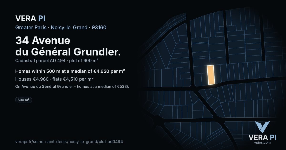 34 Avenue du Général Grundler, Noisy-le-Grand at night – the plot lit, the parcels around coloured by the prices near them