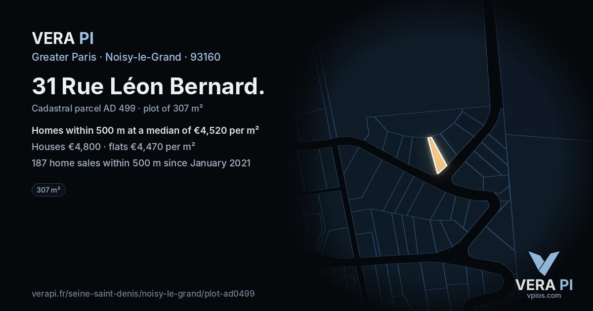 31 Rue Léon Bernard, Noisy-le-Grand at night – the plot lit, the parcels around coloured by the prices near them