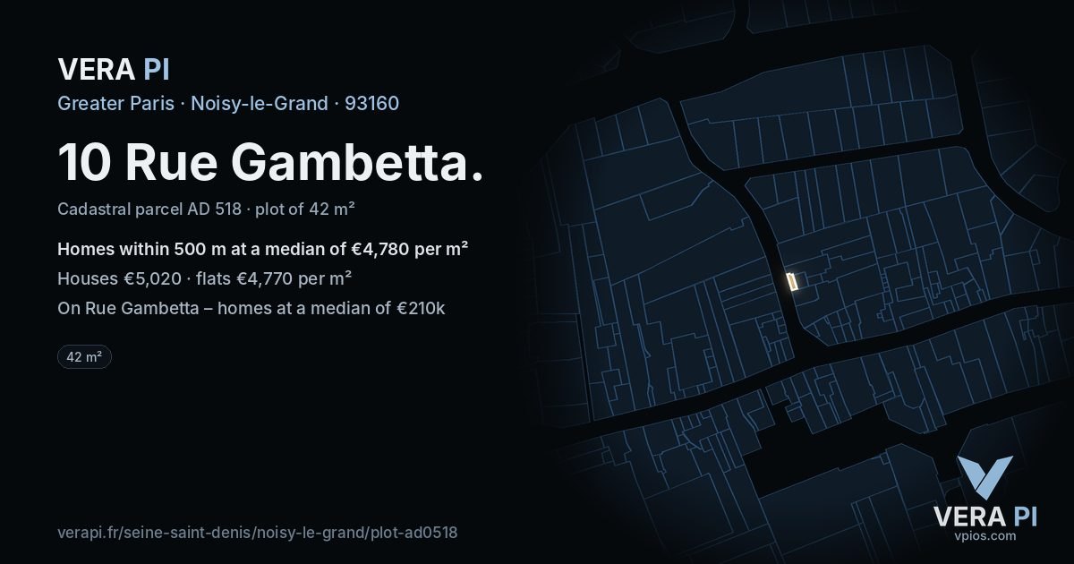 10 Rue Gambetta, Noisy-le-Grand at night – the plot lit, the parcels around coloured by the prices near them
