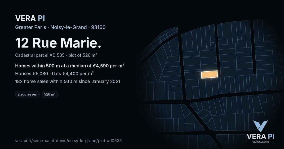 12 Rue Marie, Noisy-le-Grand at night – the plot lit, the parcels around coloured by the prices near them