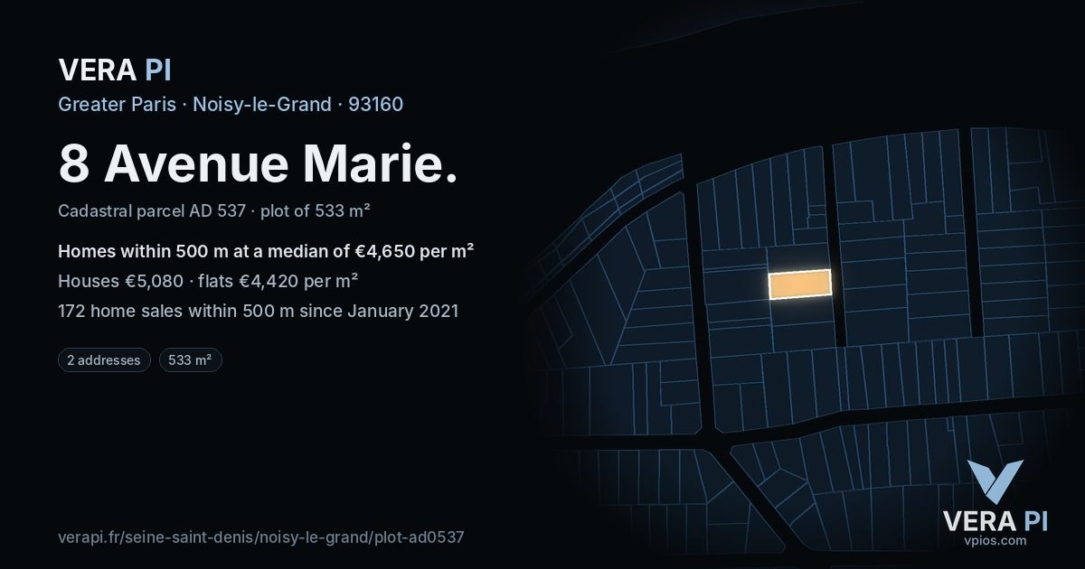 8 Avenue Marie, Noisy-le-Grand at night – the plot lit, the parcels around coloured by the prices near them