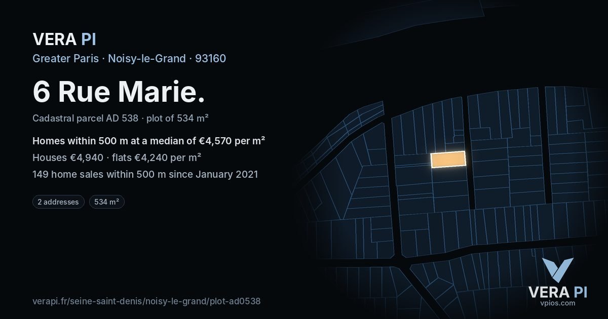 6 Rue Marie, Noisy-le-Grand at night – the plot lit, the parcels around coloured by the prices near them