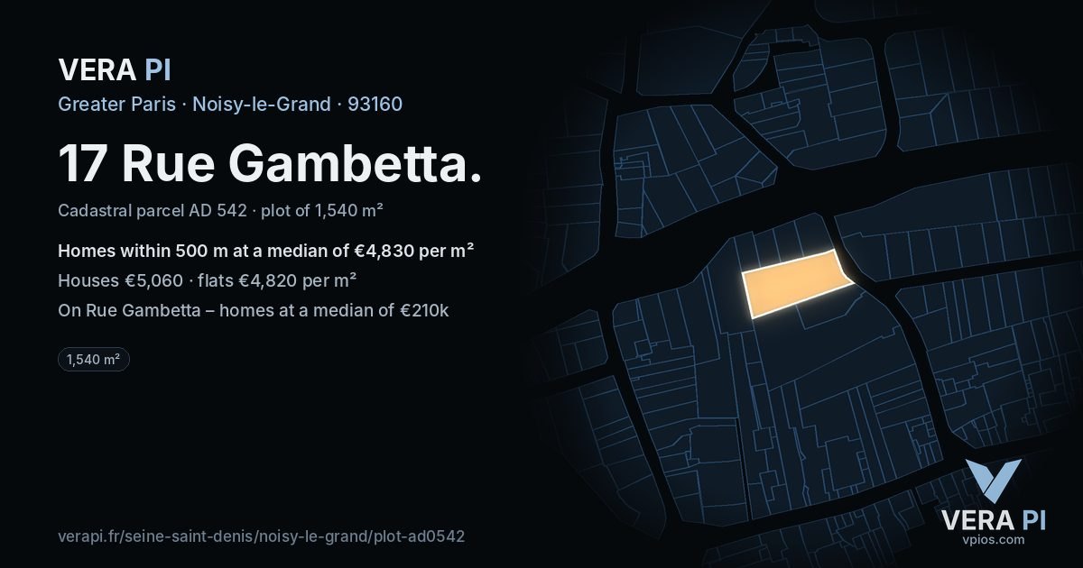 17 Rue Gambetta, Noisy-le-Grand at night – the plot lit, the parcels around coloured by the prices near them